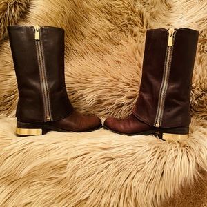 Vince Camuto, brown leather boots with gold zippers, mid calf, size 8
